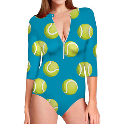 Tennis Theme Pattern Print Long Sleeve Swimsuit
