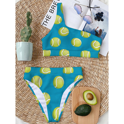 Tennis Theme Pattern Print One Shoulder Bikini Top