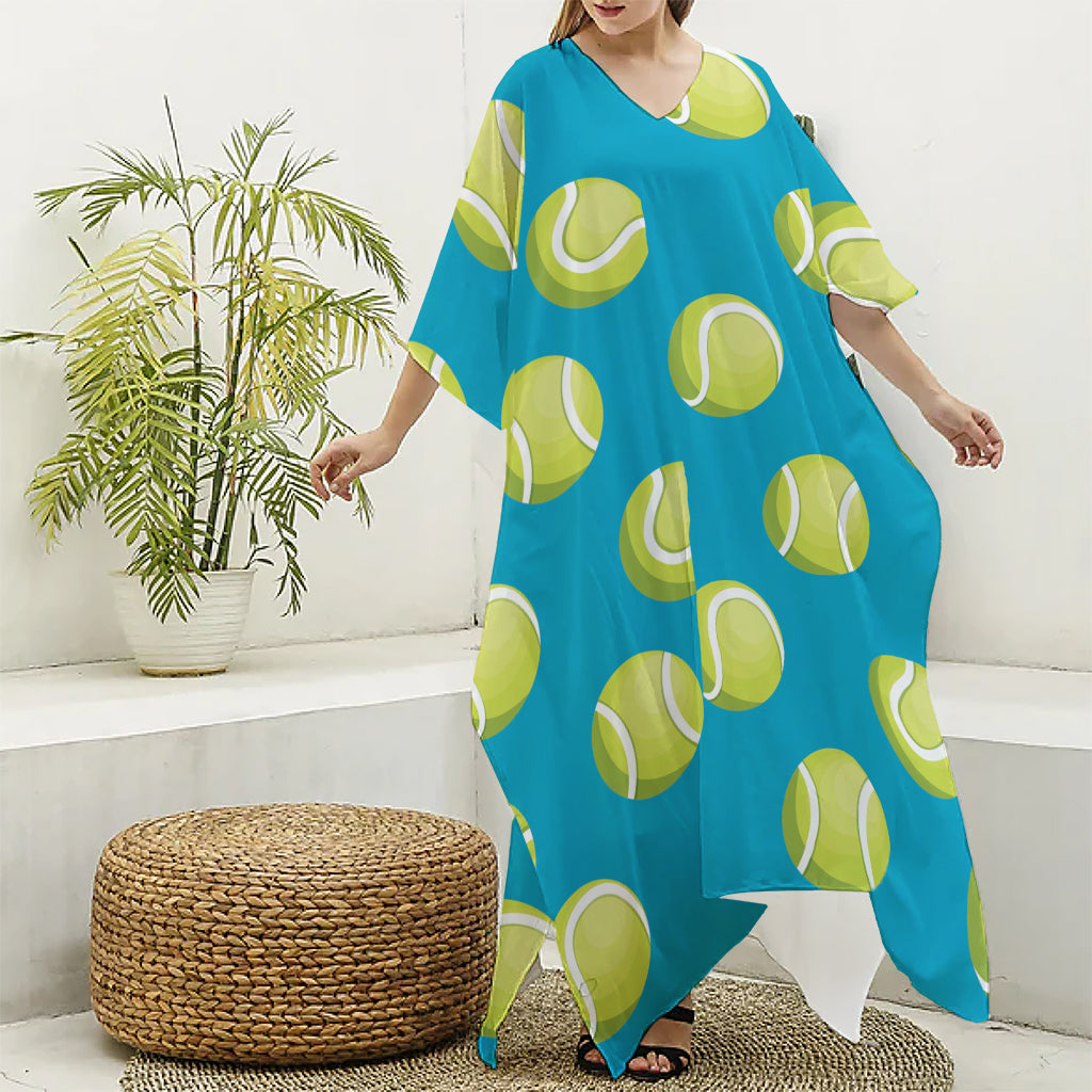 Tennis Theme Pattern Print Silk V-Neck Kaftan Dress