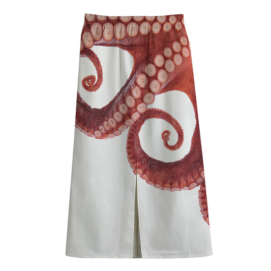 Tentacles Of Octopus Print Cotton Front Slit Maxi Skirt