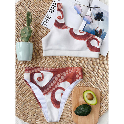 Tentacles Of Octopus Print One Shoulder Bikini Top
