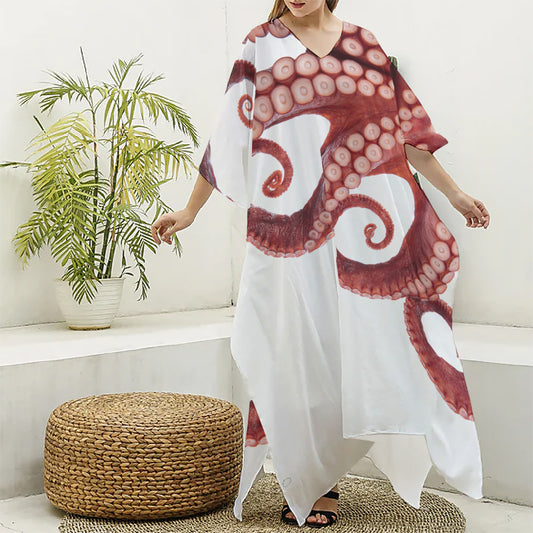 Tentacles Of Octopus Print Silk V-Neck Kaftan Dress