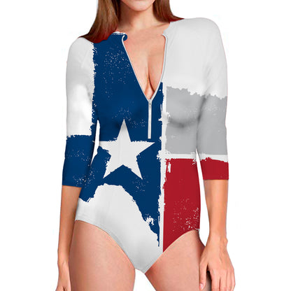 Texas State Flag Print Long Sleeve Swimsuit