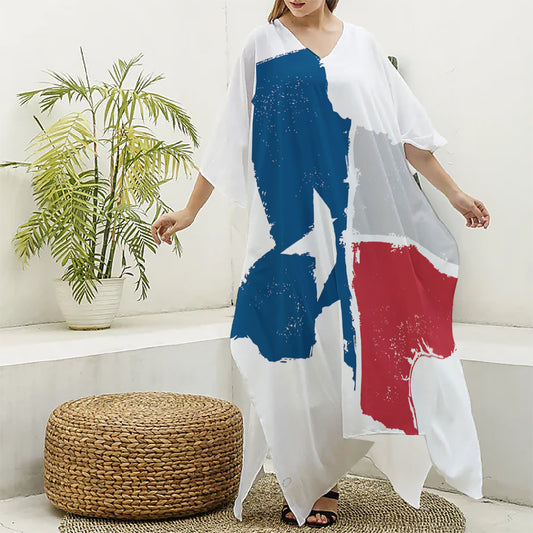 Texas State Flag Print Silk V-Neck Kaftan Dress