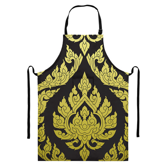Thai Ornament Pattern Print Bib Apron With Pocket