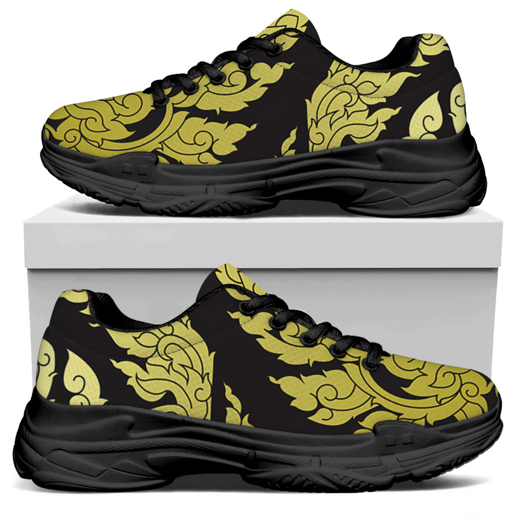 Thai Ornament Pattern Print Black Chunky Shoes