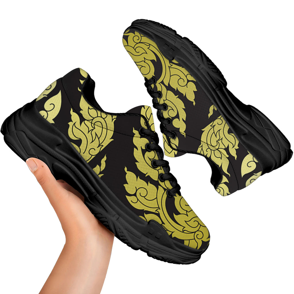 Thai Ornament Pattern Print Black Chunky Shoes