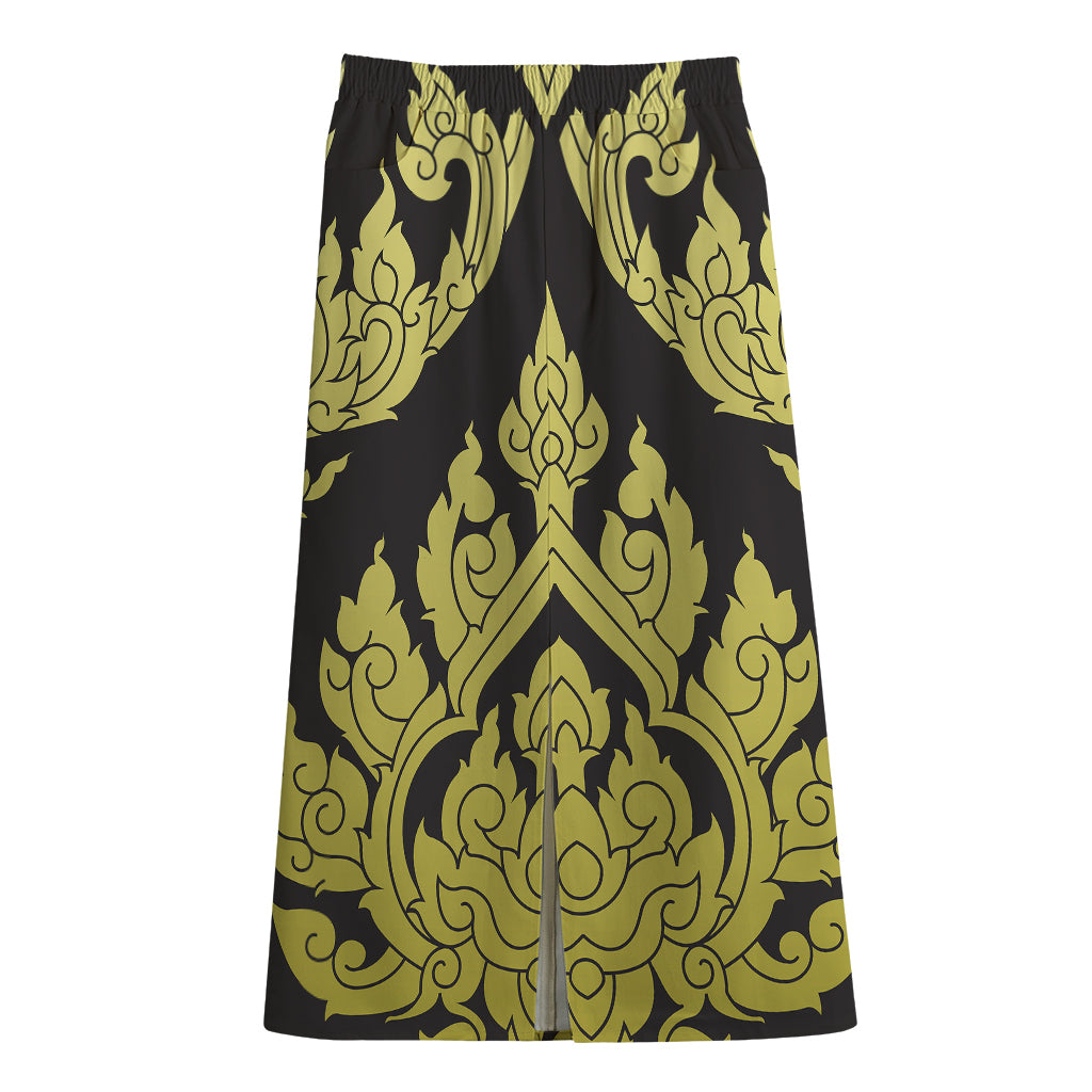 Thai Ornament Pattern Print Cotton Front Slit Maxi Skirt