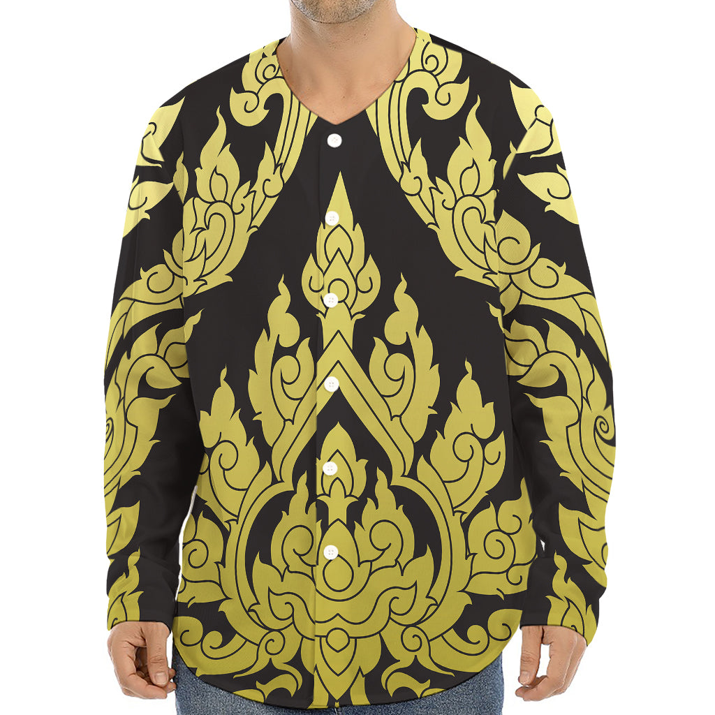 Thai Ornament Pattern Print Long Sleeve Baseball Jersey