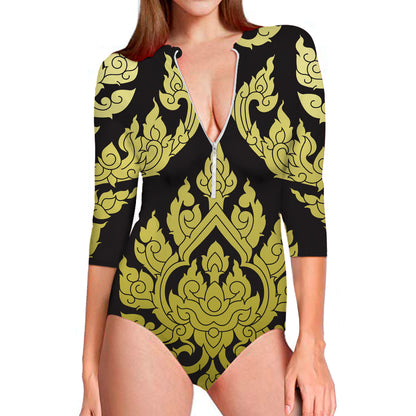 Thai Ornament Pattern Print Long Sleeve Swimsuit