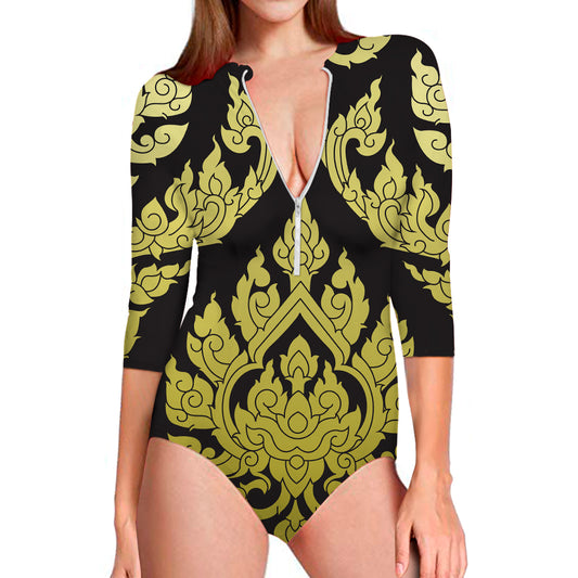 Thai Ornament Pattern Print Long Sleeve Swimsuit