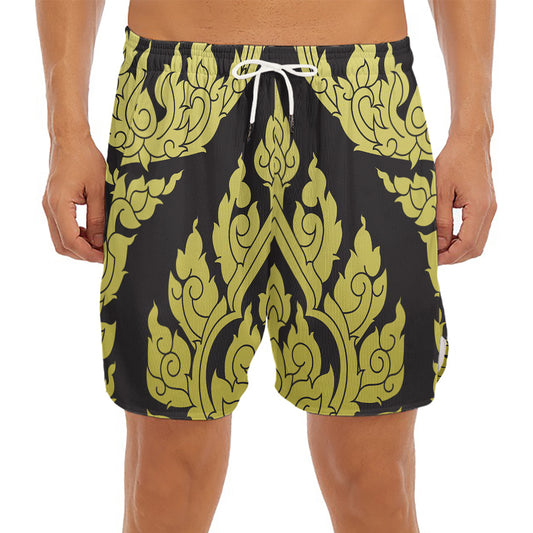 Thai Ornament Pattern Print Men's Split Running Shorts