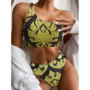 Thai Ornament Pattern Print One Shoulder Bikini Top