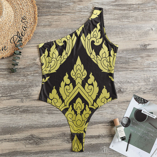 Thai Ornament Pattern Print One Shoulder Bodysuit
