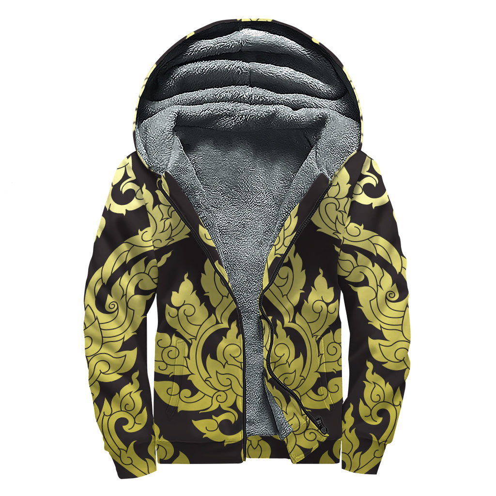 Thai Ornament Pattern Print Sherpa Lined Zip Up Hoodie
