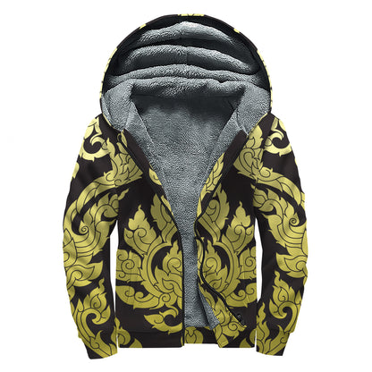 Thai Ornament Pattern Print Sherpa Lined Zip Up Hoodie