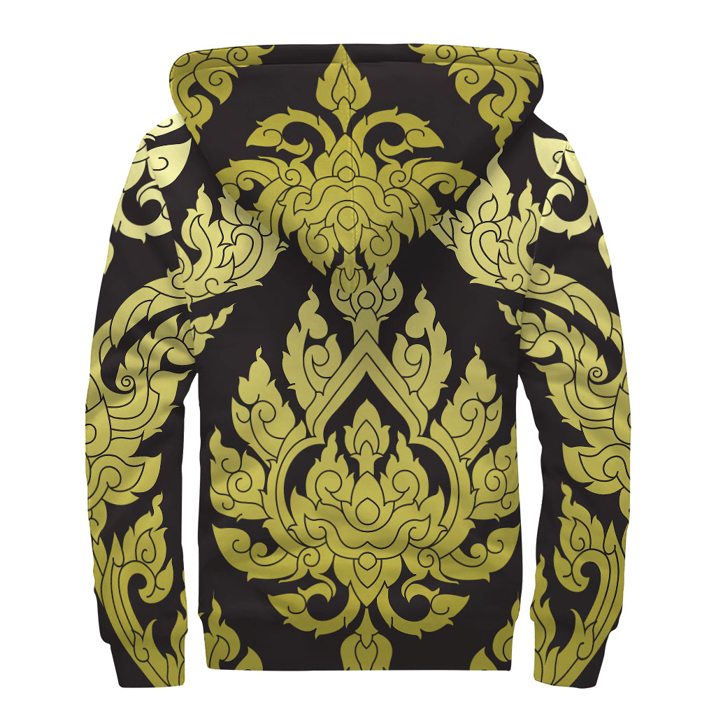 Thai Ornament Pattern Print Sherpa Lined Zip Up Hoodie
