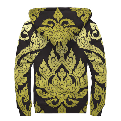 Thai Ornament Pattern Print Sherpa Lined Zip Up Hoodie