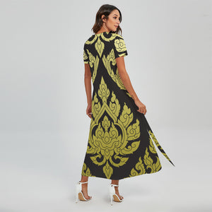 Thai Ornament Pattern Print Short Sleeve Maxi Dress