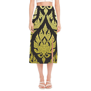 Thai Ornament Pattern Print Side Slit Midi Skirt