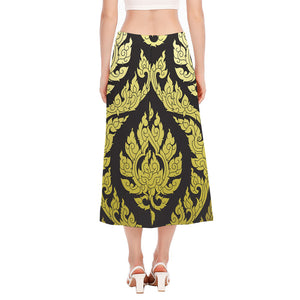 Thai Ornament Pattern Print Side Slit Midi Skirt