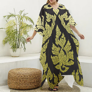 Thai Ornament Pattern Print Silk V-Neck Kaftan Dress