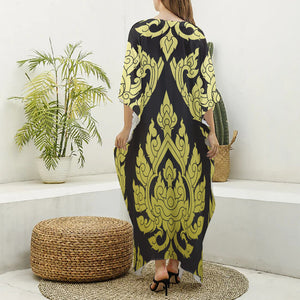 Thai Ornament Pattern Print Silk V-Neck Kaftan Dress