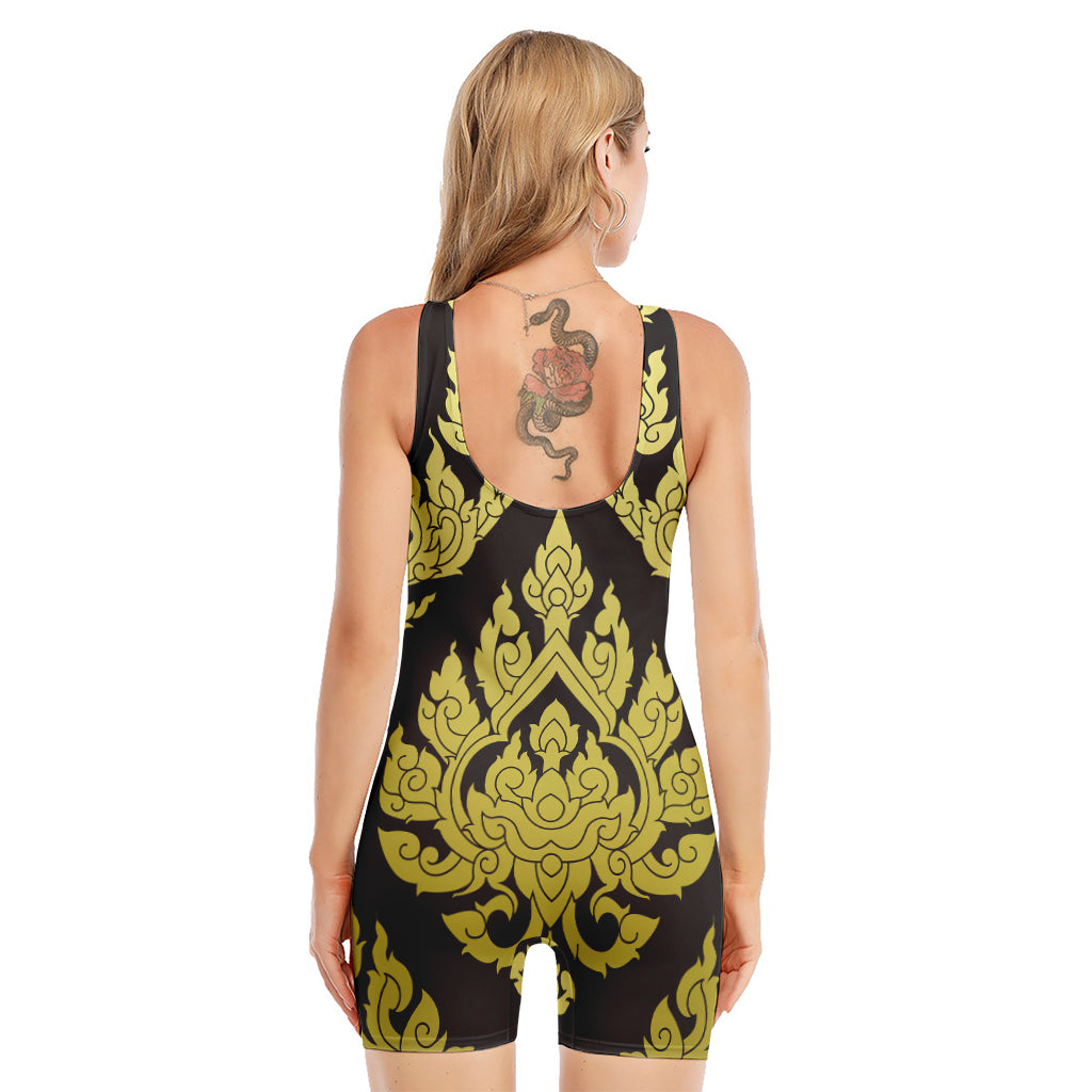 Thai Ornament Pattern Print Sleeveless One Piece Swimsuit