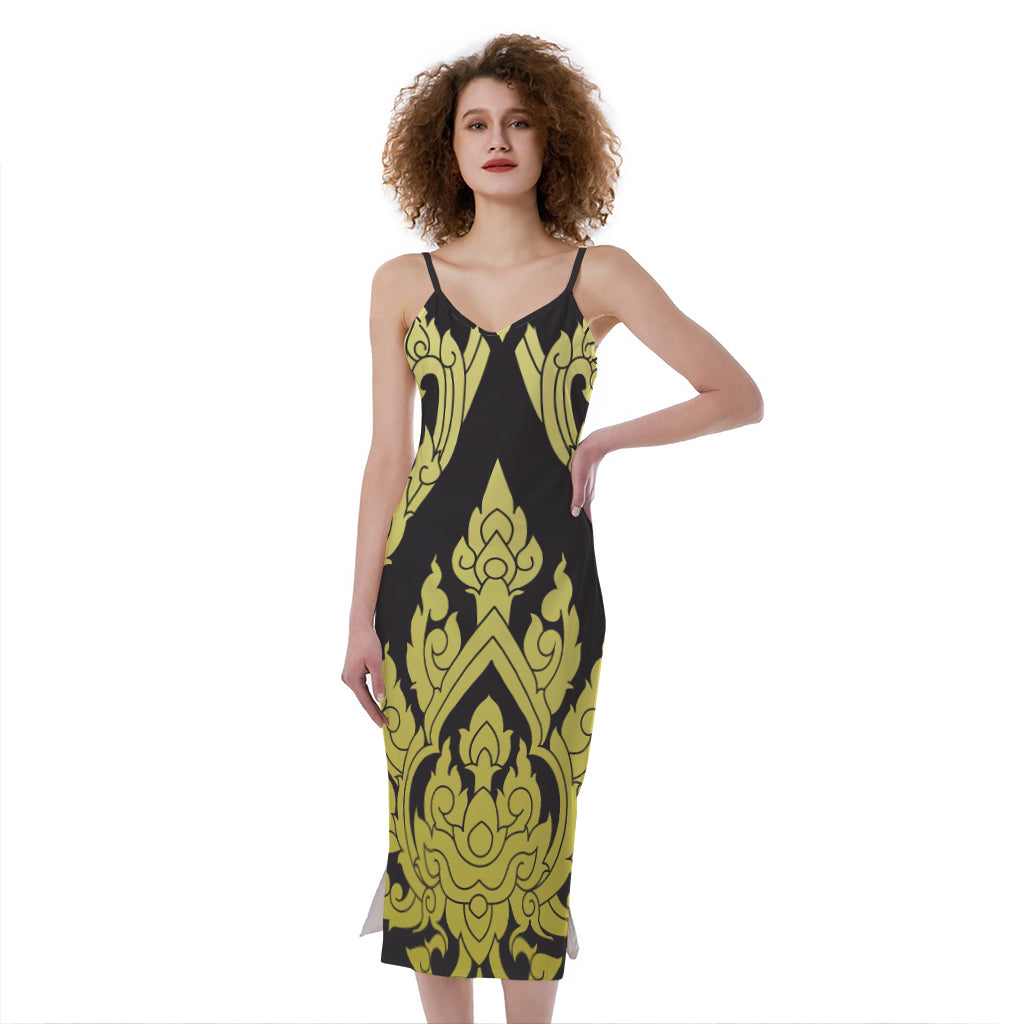 Thai Ornament Pattern Print Slim Fit Midi Cami Dress