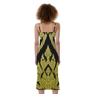 Thai Ornament Pattern Print Slim Fit Midi Cami Dress