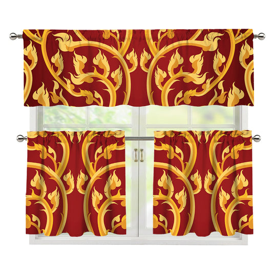 Thai Winding Vines Pattern Print 3 Piece Kitchen Curtains