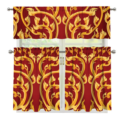 Thai Winding Vines Pattern Print 3 Piece Kitchen Curtains
