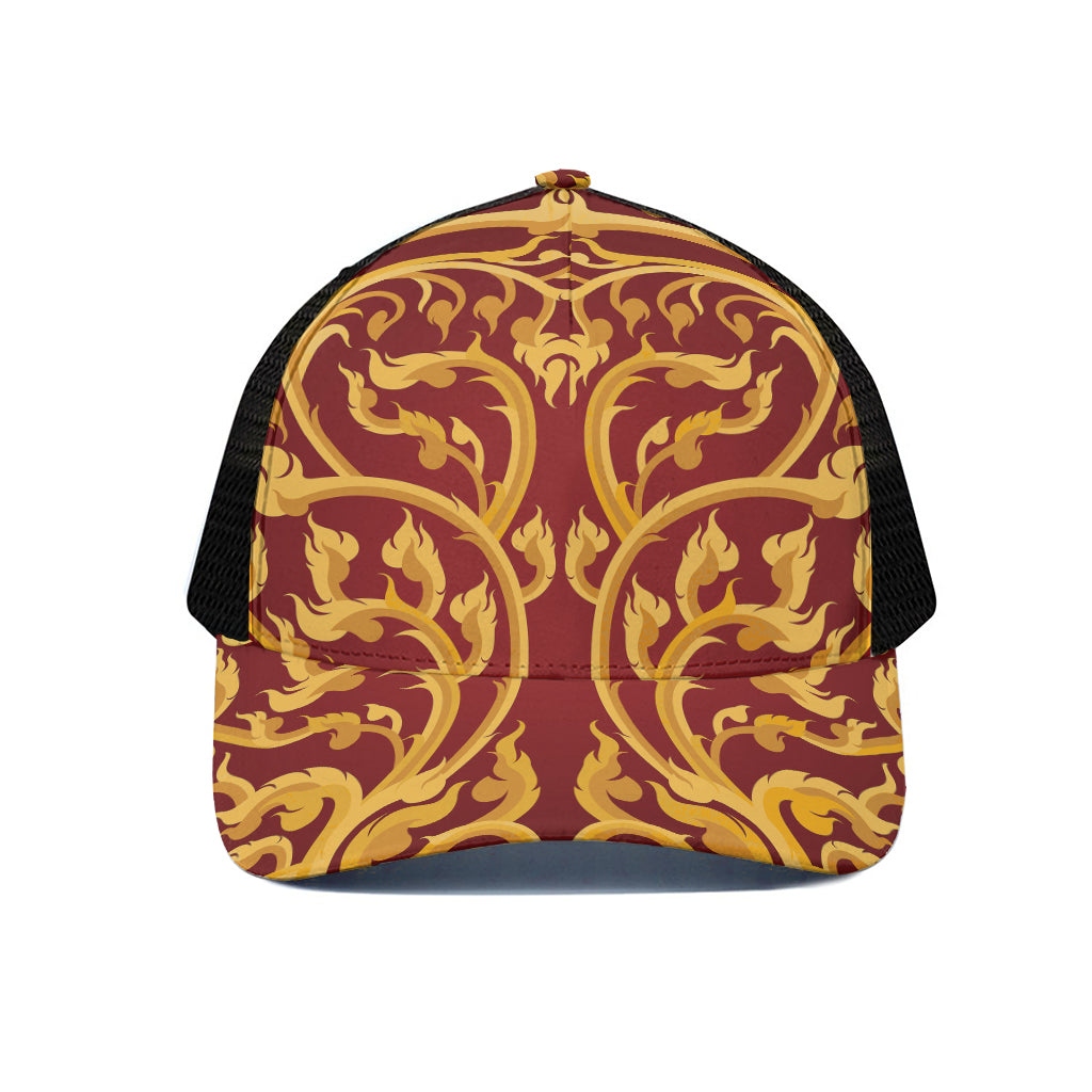 Thai Winding Vines Pattern Print Black Mesh Trucker Cap
