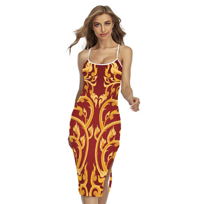 Thai Winding Vines Pattern Print Cross Back Cami Dress