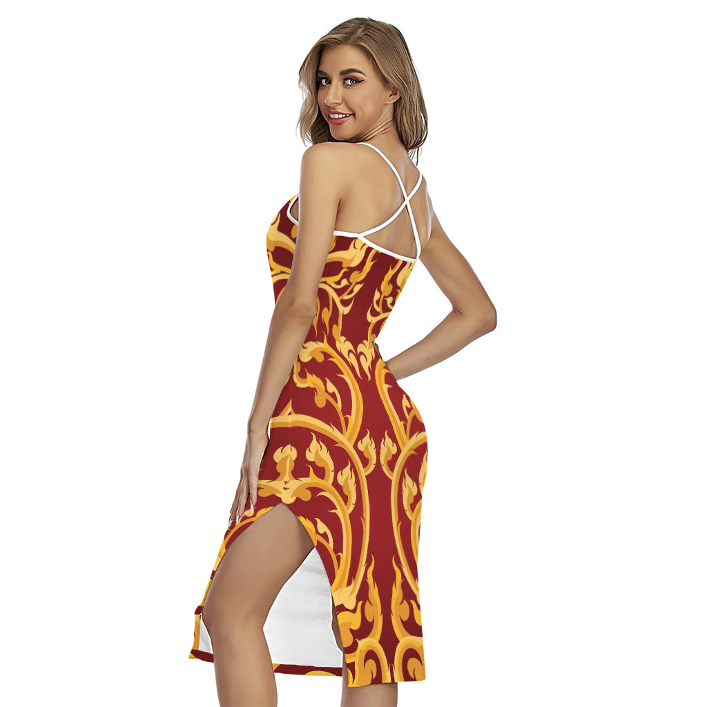 Thai Winding Vines Pattern Print Cross Back Cami Dress