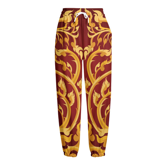 Thai Winding Vines Pattern Print Fleece Lined Knit Pants