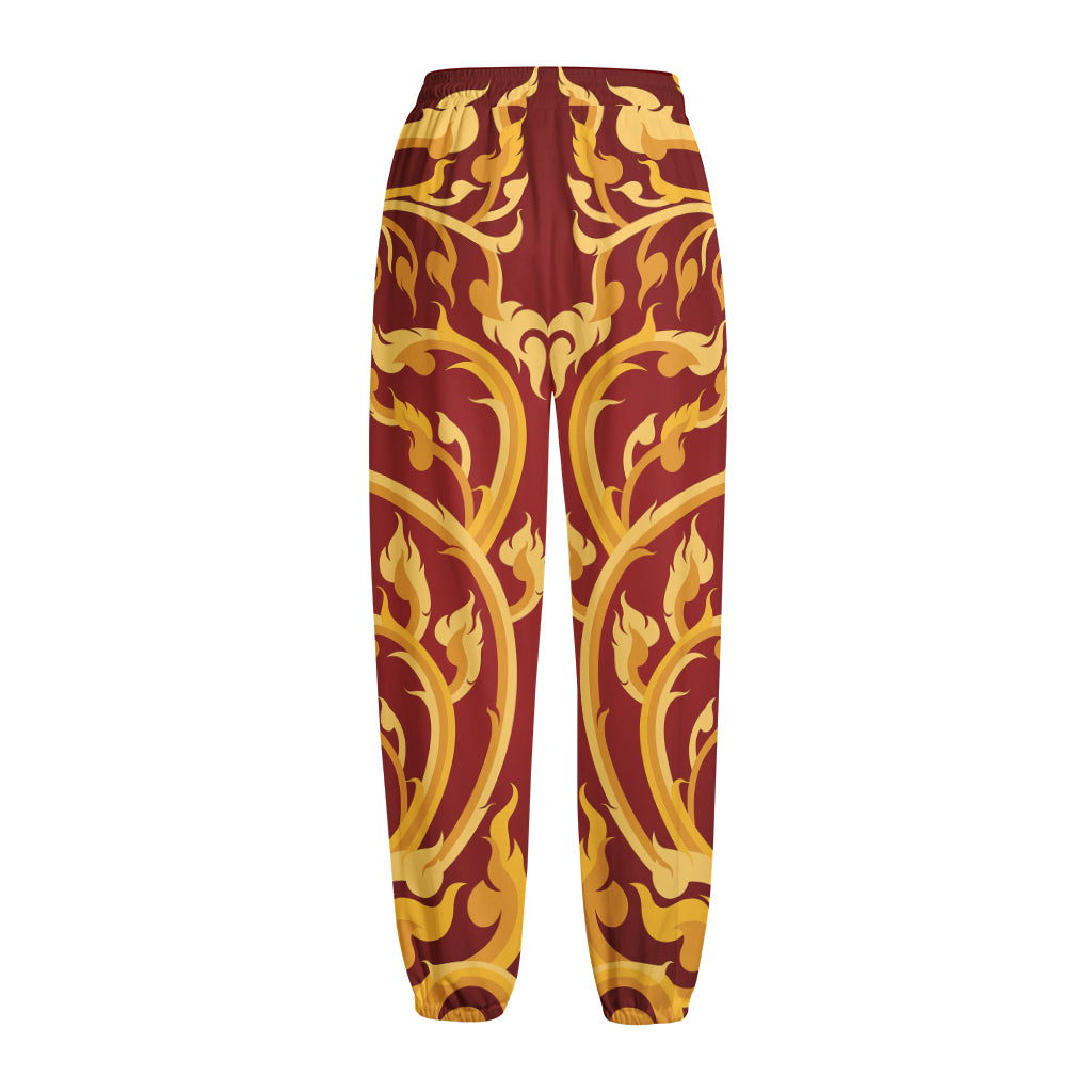 Thai Winding Vines Pattern Print Fleece Lined Knit Pants