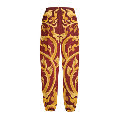 Thai Winding Vines Pattern Print Fleece Lined Knit Pants