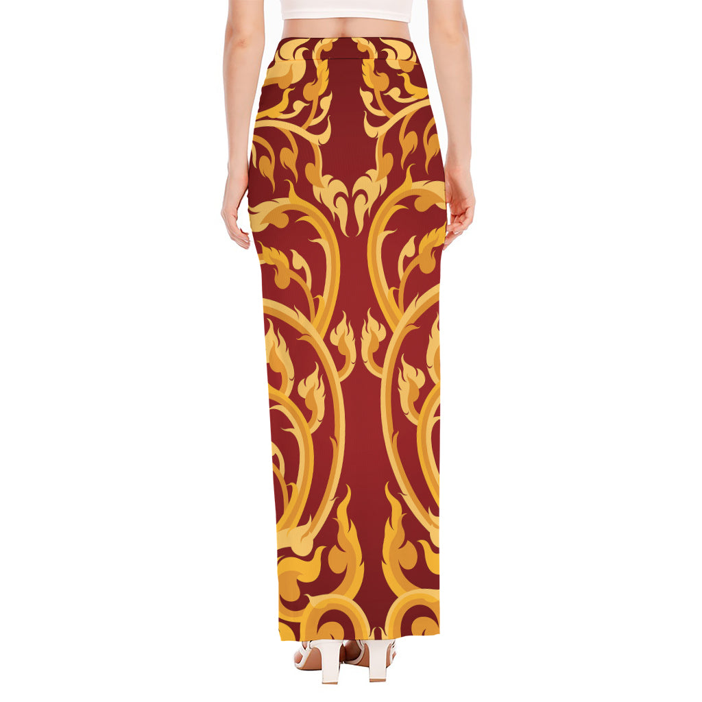 Thai Winding Vines Pattern Print High Slit Maxi Skirt