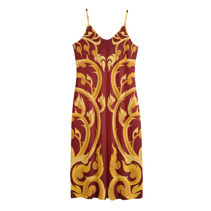 Thai Winding Vines Pattern Print Jersey Midi Cami Dress
