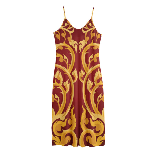 Thai Winding Vines Pattern Print Jersey Midi Cami Dress