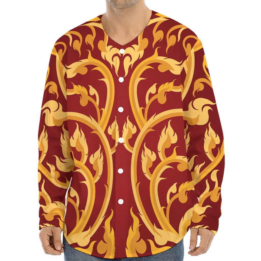 Thai Winding Vines Pattern Print Long Sleeve Baseball Jersey