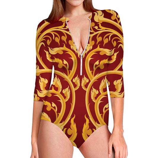 Thai Winding Vines Pattern Print Long Sleeve Swimsuit