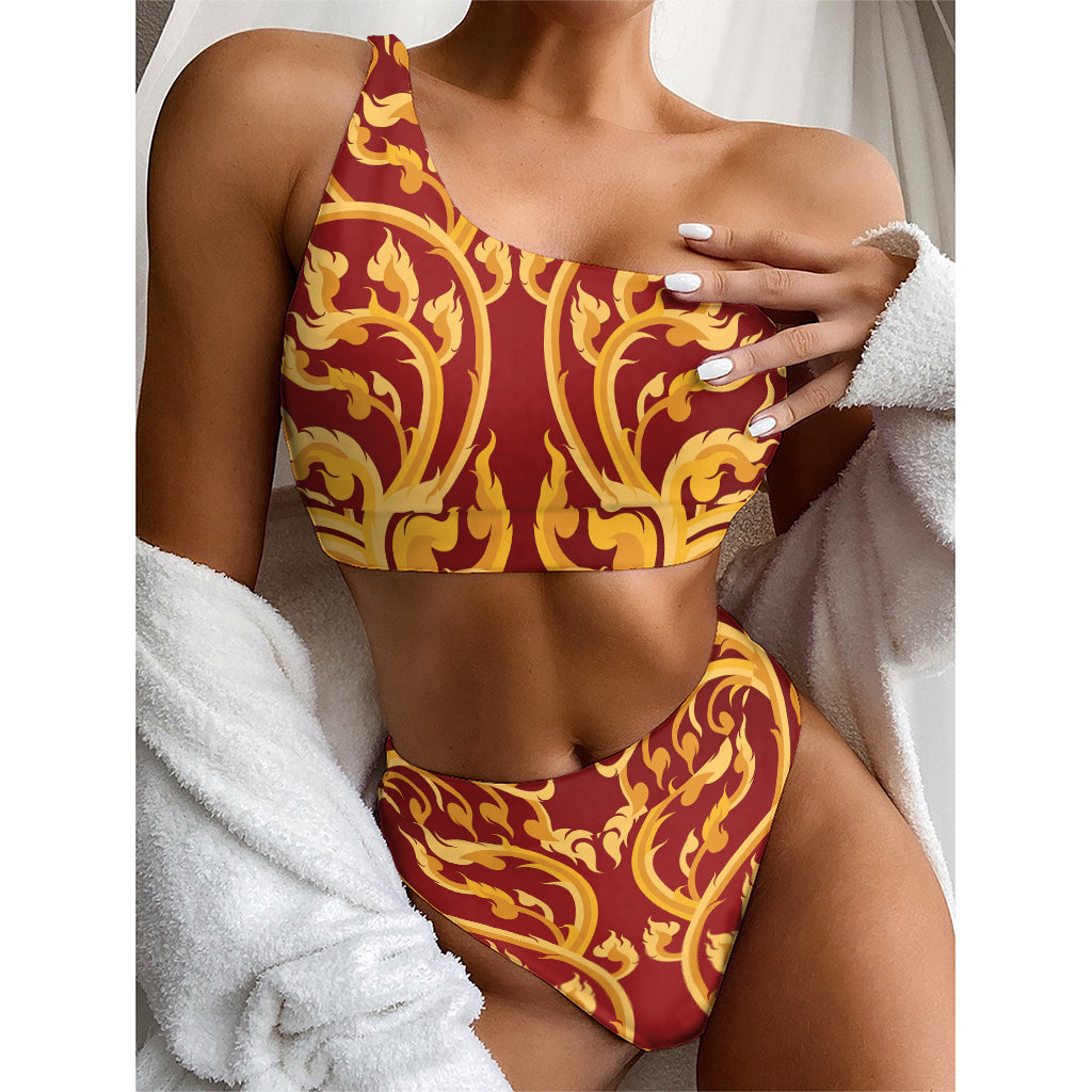 Thai Winding Vines Pattern Print One Shoulder Bikini Top