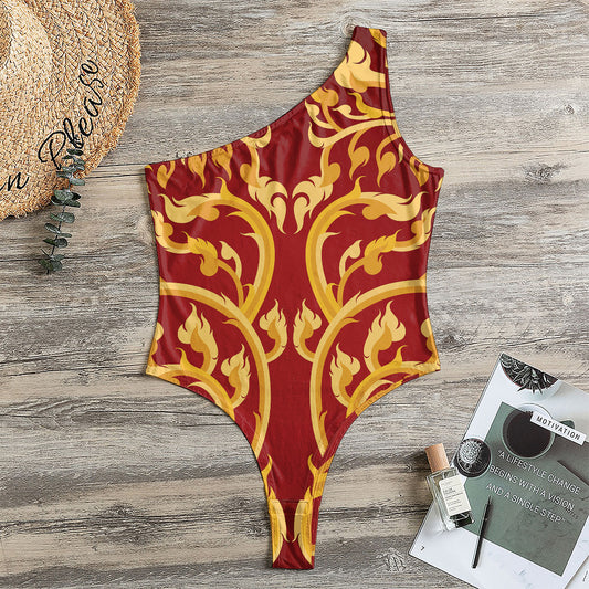Thai Winding Vines Pattern Print One Shoulder Bodysuit