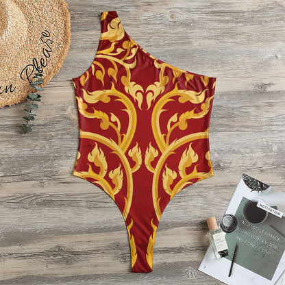 Thai Winding Vines Pattern Print One Shoulder Bodysuit