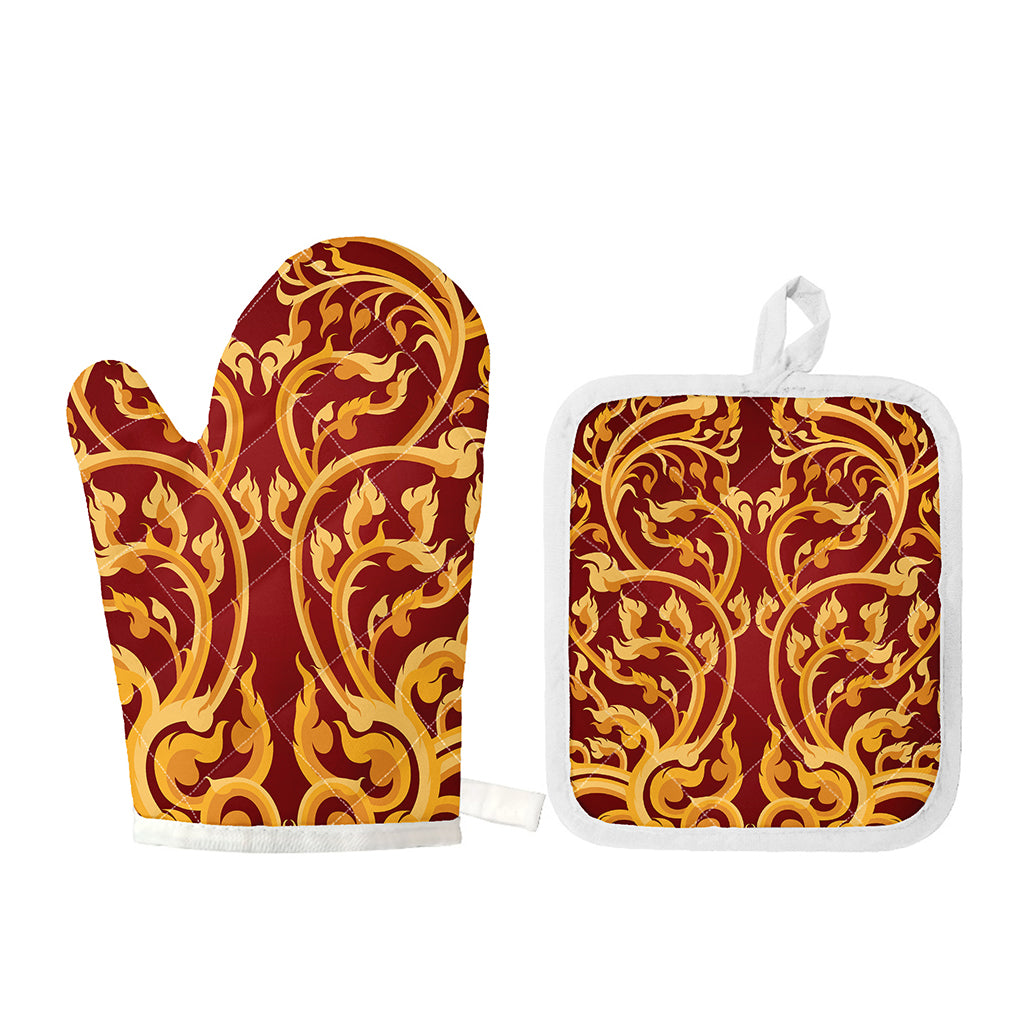 Thai Winding Vines Pattern Print Oven Mitt And Pot Holder Set