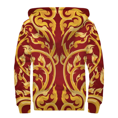 Thai Winding Vines Pattern Print Sherpa Lined Zip Up Hoodie