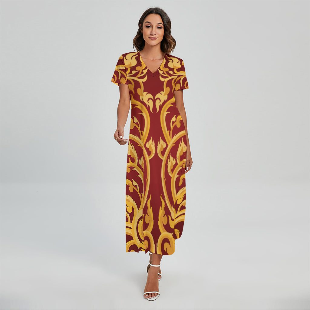 Thai Winding Vines Pattern Print Short Sleeve Maxi Dress