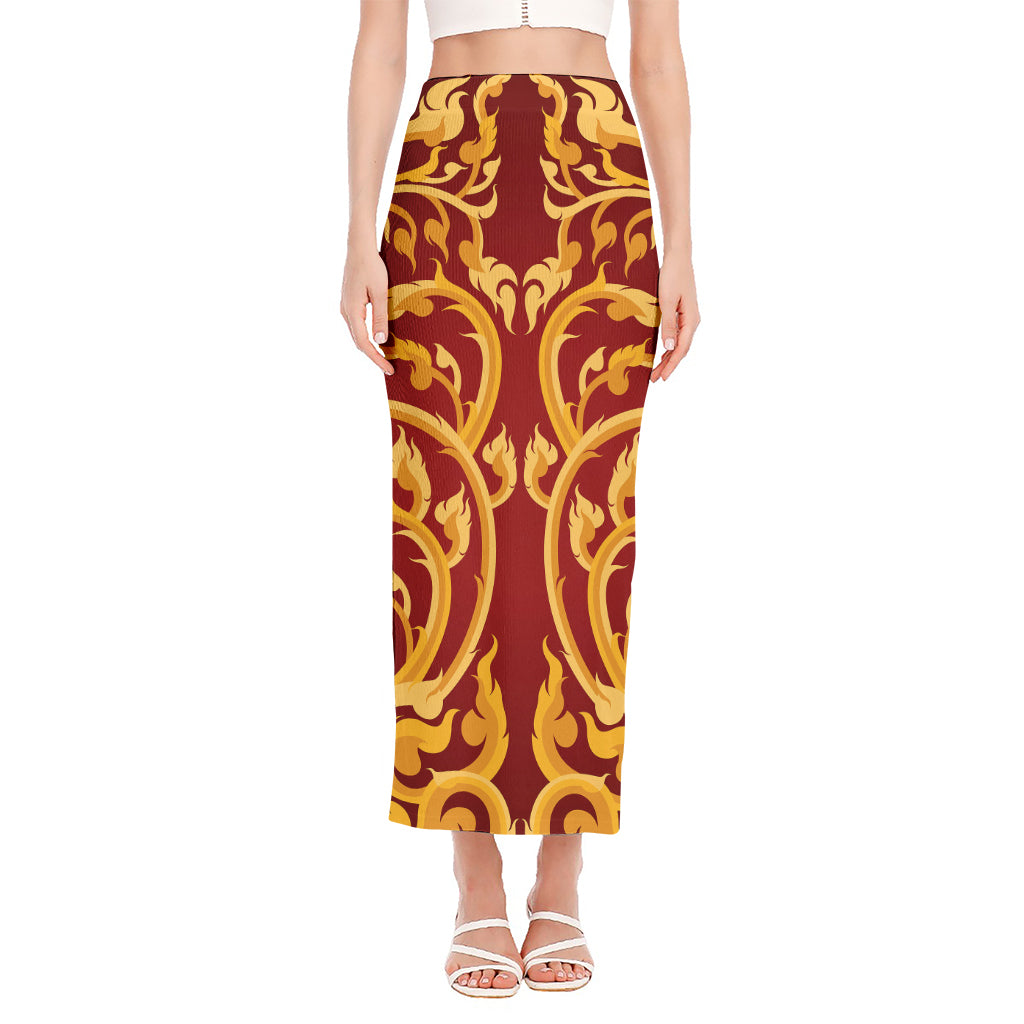 Thai Winding Vines Pattern Print Side Slit Maxi Skirt